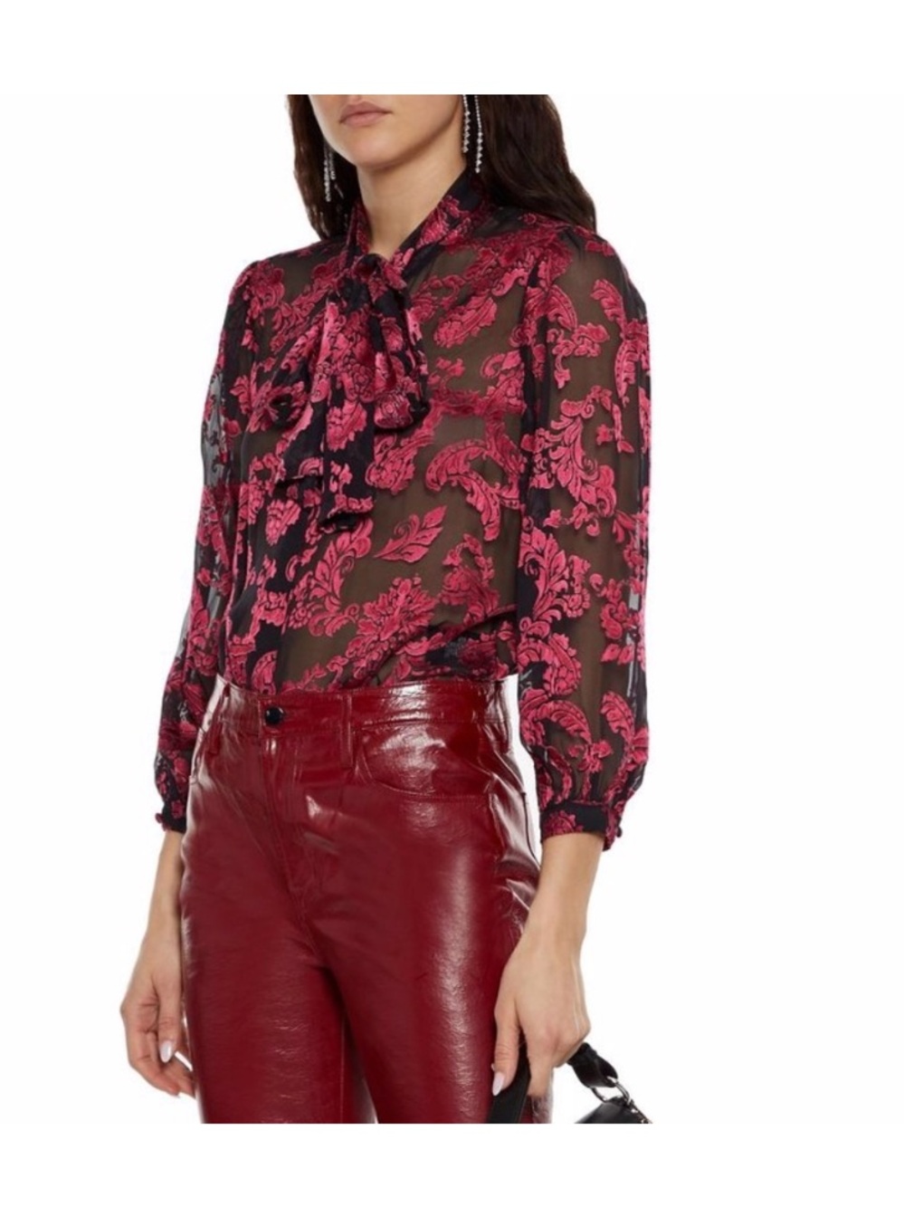 Alice + Olivia Jeannie Bow Silk Blend Burnout Blouse Black Pink Medium